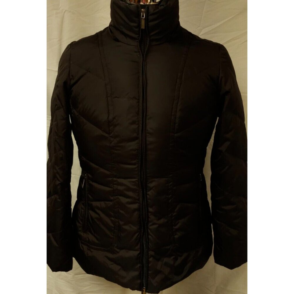London Fog Womens Teens Small Brown Full Zip Mock Neck Quilted Puffer Down Coat